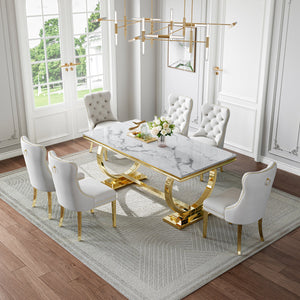 Luxury White & Gold 7-Piece Dining Set | Plush Velvet Chairs + Gold Metal Frame Zemorn
