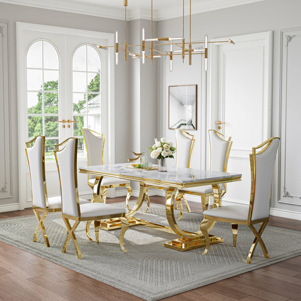 Modern White & Gold 7-Piece Dining Set | High-Back PU Chairs + Gold Metal Frame Zemorn