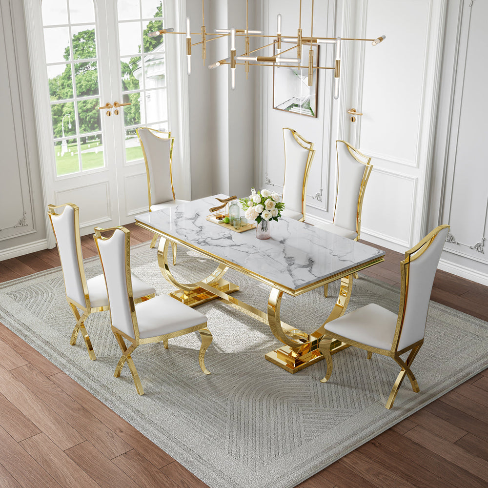 Modern White & Gold 7-Piece Dining Set | High-Back PU Chairs + Gold Metal Frame Zemorn