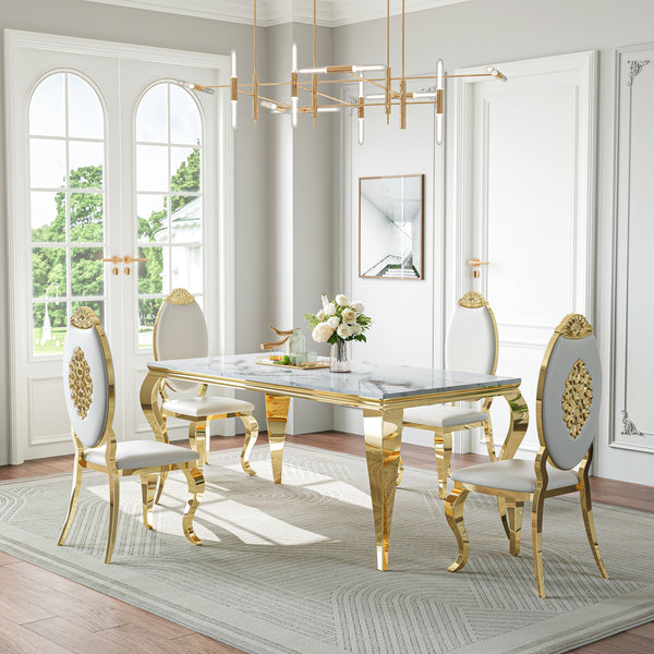 DT022GMW 5-Piece MDF Dining Set + 4 White Leatherette Chairs (Gold)