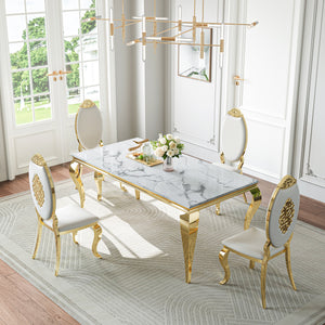 DT022GMW 5-Piece MDF Dining Set + 4 White Leatherette Chairs (Gold)