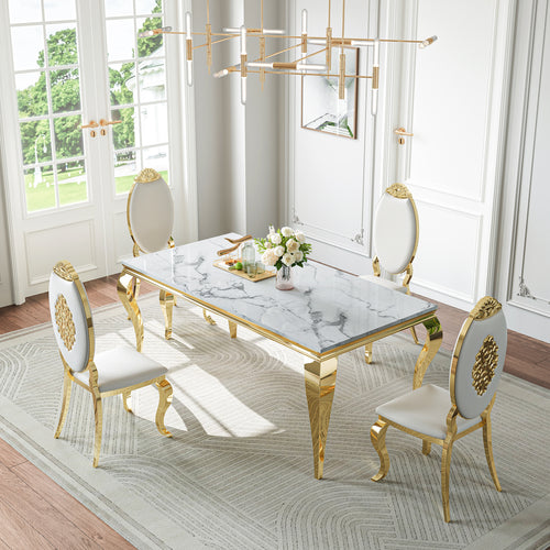 DT022GMW 5-Piece MDF Dining Set + 4 White Leatherette Chairs (Gold)