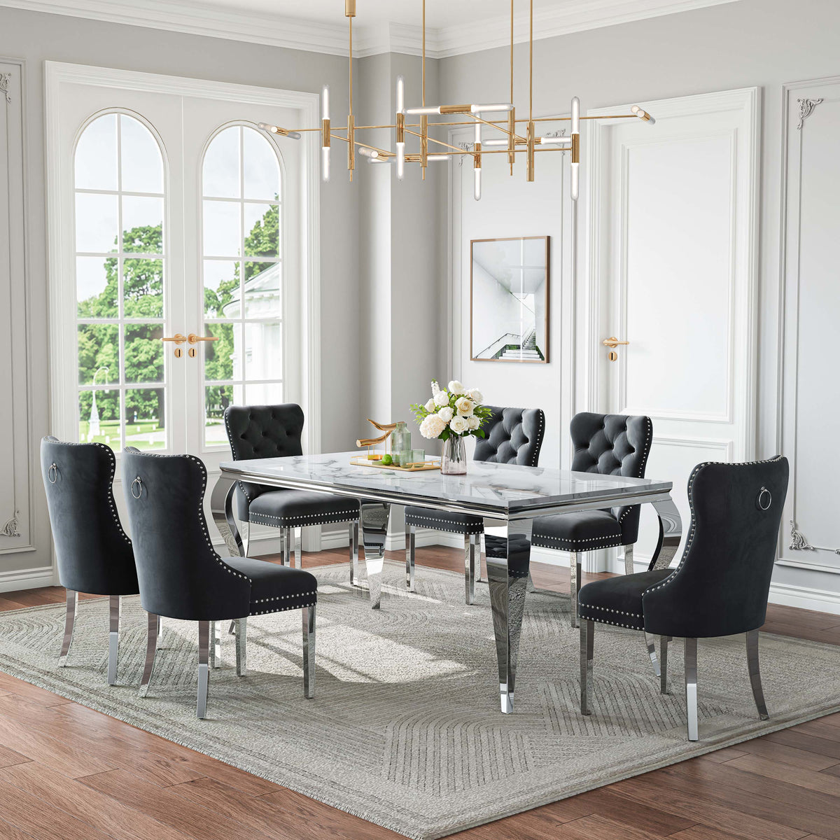 DT022SMW 7-Piece MDF Dining Set + 6 Blue Velvet Chairs (Silver)