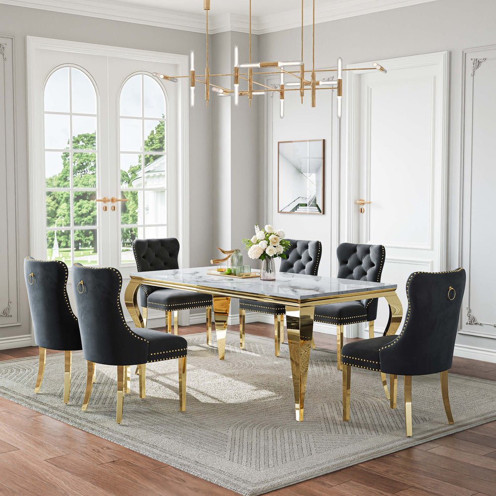 DT022GMW 7-Piece MDF Dining Set + 6 Black Velvet Chairs (Gold)