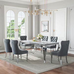 DT022SMW 7-Piece MDF Dining Set + 6 Grey Velvet Chairs (Silver)
