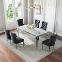 DT022SMW 7-Piece MDF Dining Set + 6 Blue Velvet Chairs (Silver)