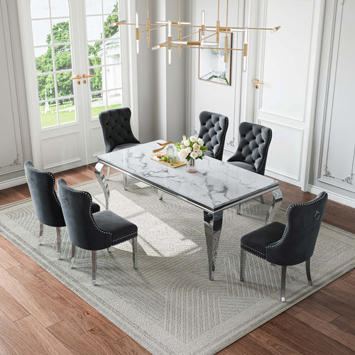 DT022SMW 7-Piece MDF Dining Set + 6 Blue Velvet Chairs (Silver)