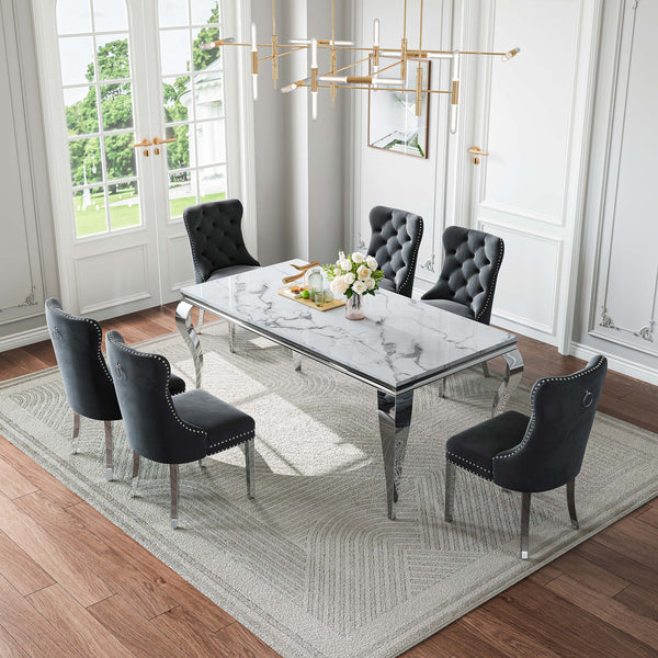 70 Inch 7 Piece MDF Dining Set with Button Tufted Black Velvet Chairs Curved Silver Base Detail View