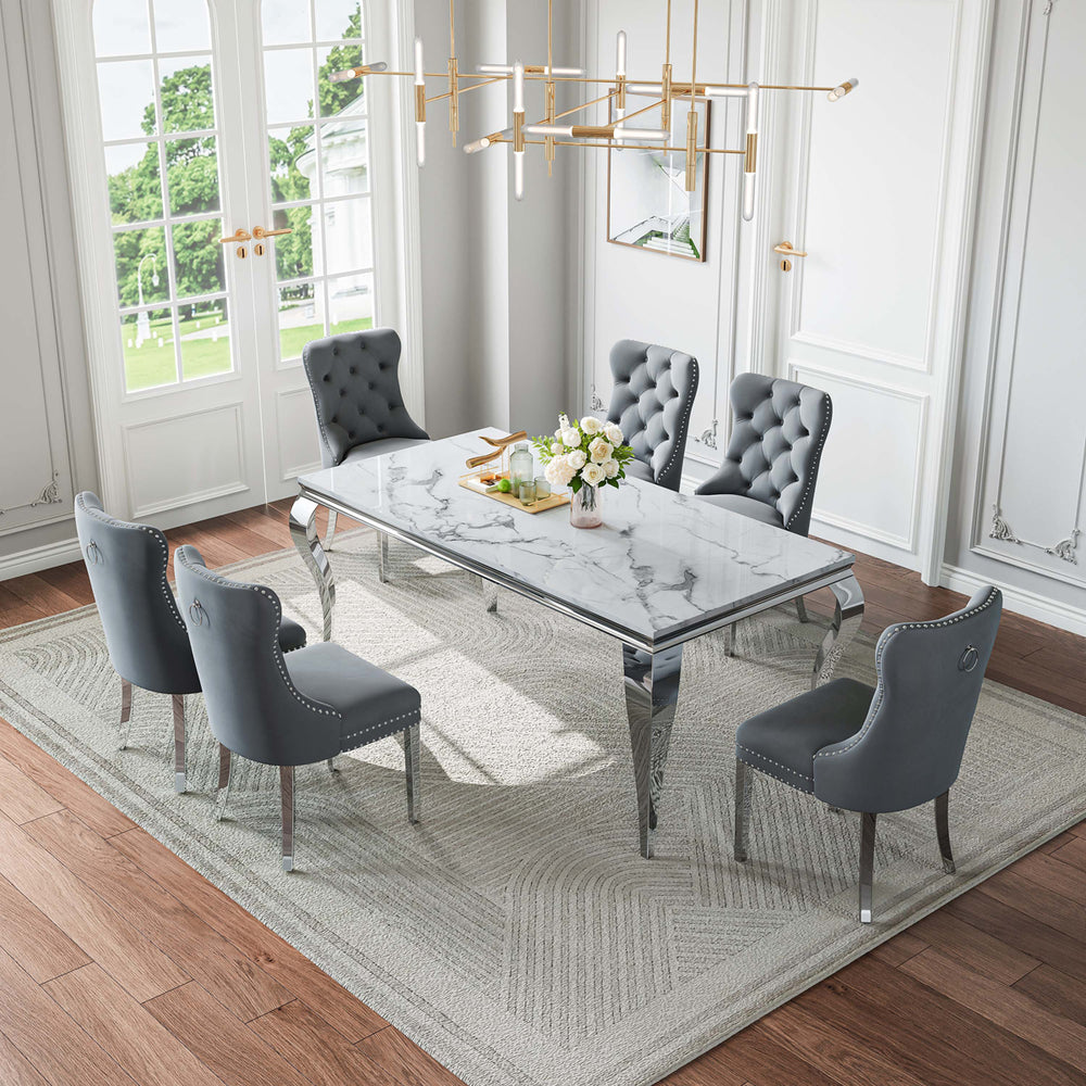 DT022SMW 7-Piece MDF Dining Set + 6 Grey Velvet Chairs (Silver)