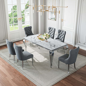 DT022SMW 7-Piece MDF Dining Set + 6 Grey Velvet Chairs (Silver)