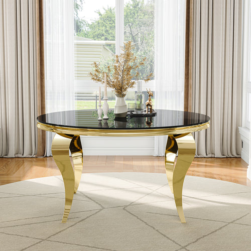 #BLACK/GOLD Crystal 47 Inch Square Black Glass Dining Table Gold/Silver Metal Base - Zemorn