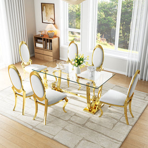DT0326G 7-Piece Rectangular Glass Dining Set + 6 White PU Chairs (Gold)