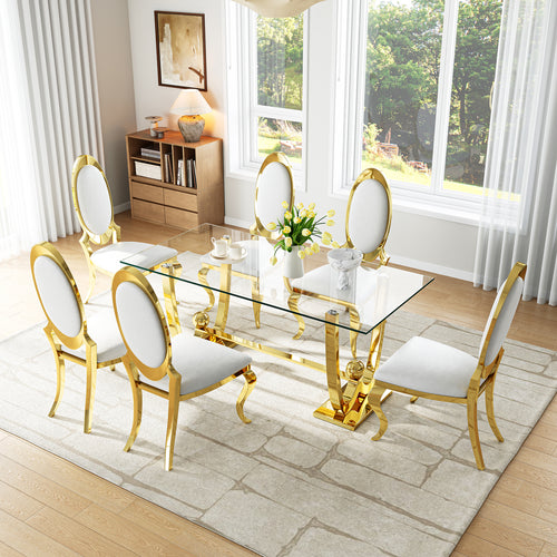DT0326G 7-Piece Rectangular Glass Dining Set + 6 White PU Chairs (Gold)