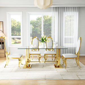DT0326G 7-Piece Rectangular Glass Dining Set + 6 White PU Chairs (Gold)