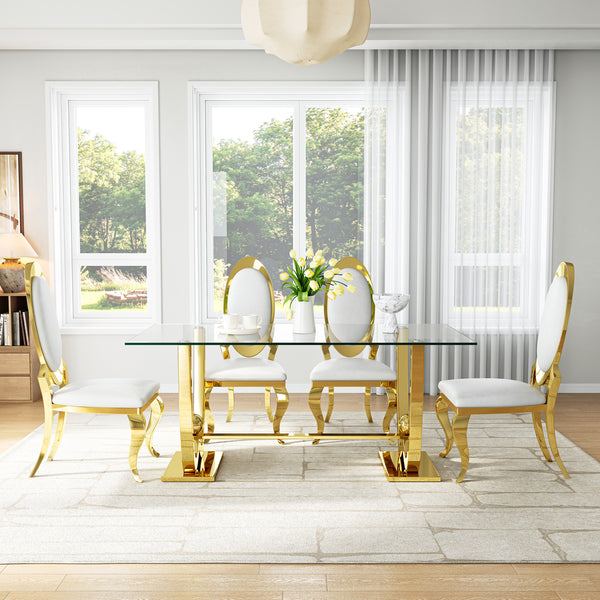 DT0326G 7-Piece Rectangular Glass Dining Set + 6 White PU Chairs (Gold)