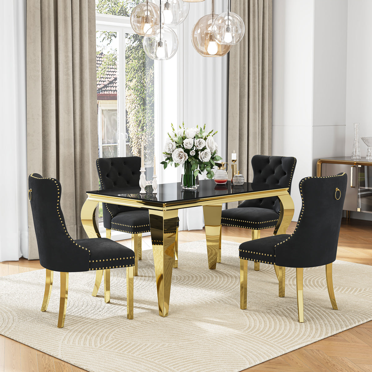 DT0237GMW 5-Piece Glass Dining Set + 4 Black Velvet Chairs (Gold)