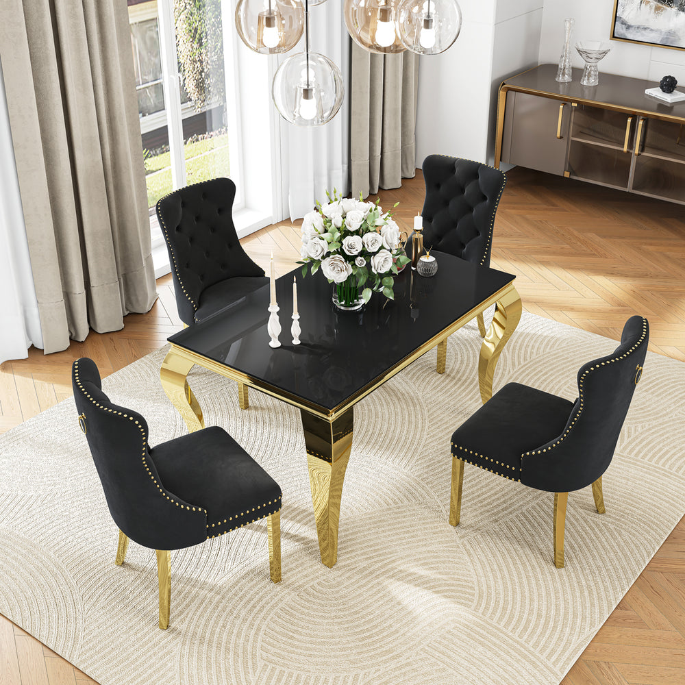 DT0237GMW 5-Piece Glass Dining Set + 4 Black Velvet Chairs (Gold)