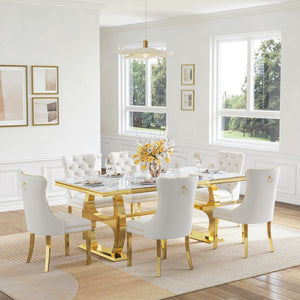 DT0239 7-Piece MDF Dining Set + 6 White Velvet Chairs (Gold)