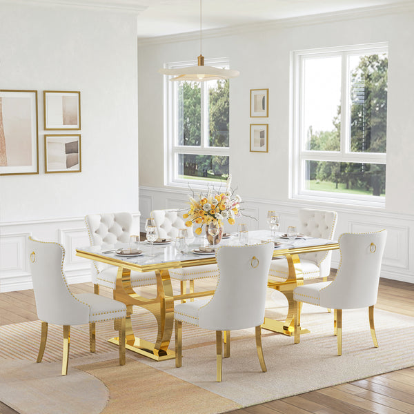 DT0239 7-Piece MDF Dining Set + 6 White Velvet Chairs (Gold)