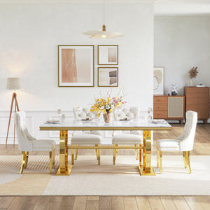 DT0239 7-Piece MDF Dining Set + 6 White Velvet Chairs (Gold)