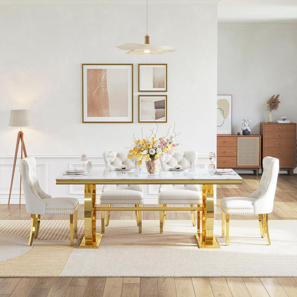 DT0239 7-Piece MDF Dining Set + 6 White Velvet Chairs (Gold)