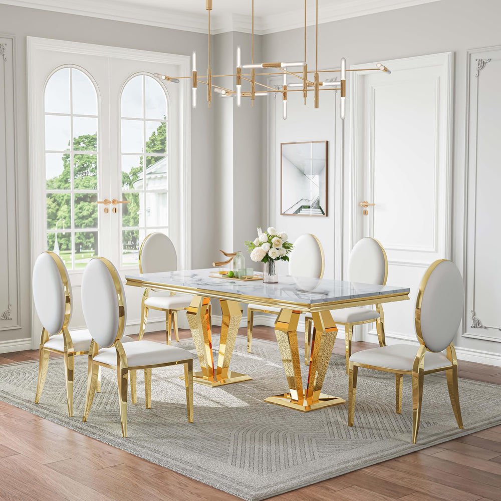 DT023GMW 7-Piece MDF Dining Set + 6 White Leatherette Chairs (Gold)