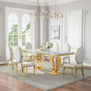 DT023GMW 7-Piece MDF Dining Set + 6 White Leatherette Chairs (Gold)