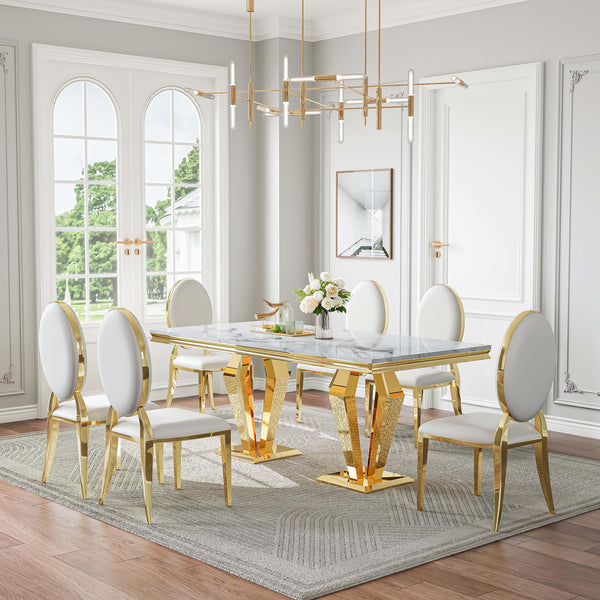 DT023GMW 7-Piece MDF Dining Set + 6 White Leatherette Chairs (Gold)