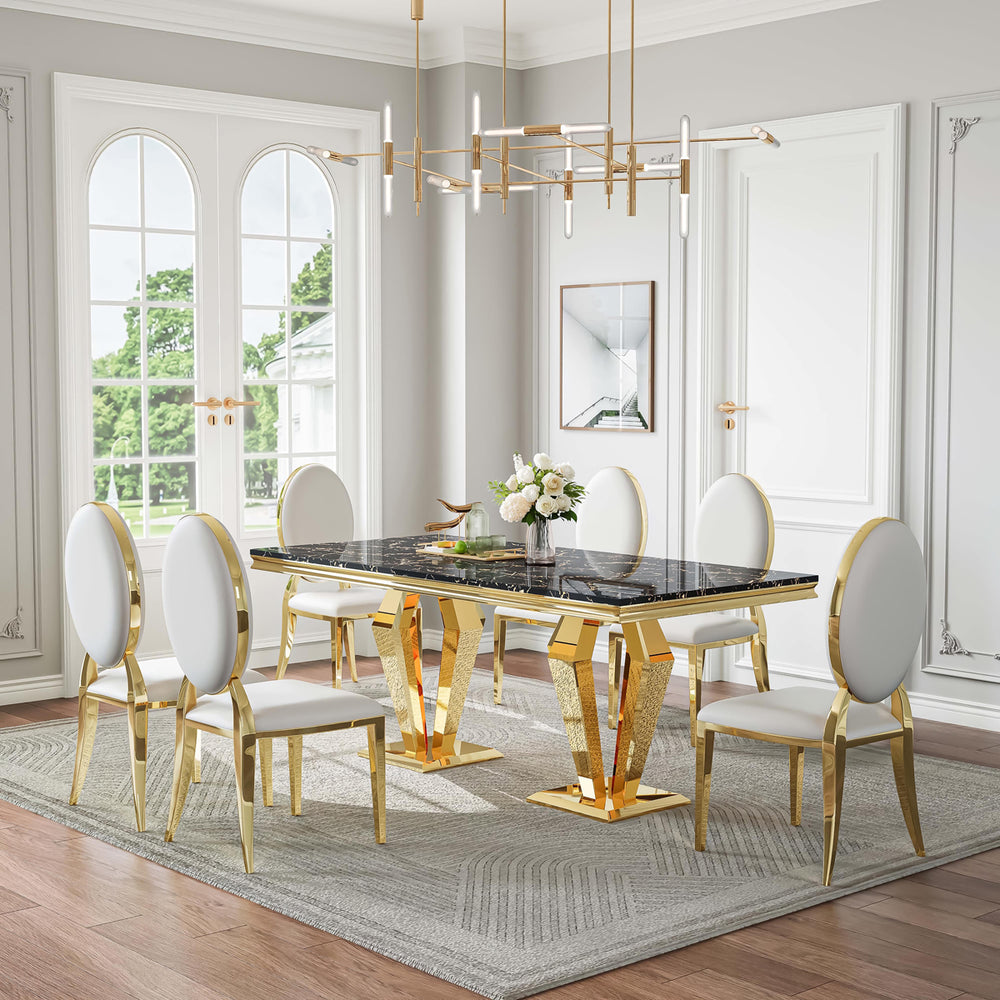 DT023GMB 7-Piece MDF Dining Set + 6 White Leatherette Chairs (Gold)