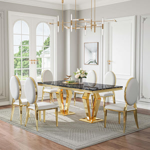 DT023GMB 7-Piece MDF Dining Set + 6 White Leatherette Chairs (Gold)