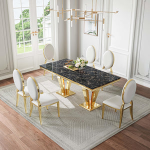 DT023GMB 7-Piece MDF Dining Set + 6 White Leatherette Chairs (Gold)