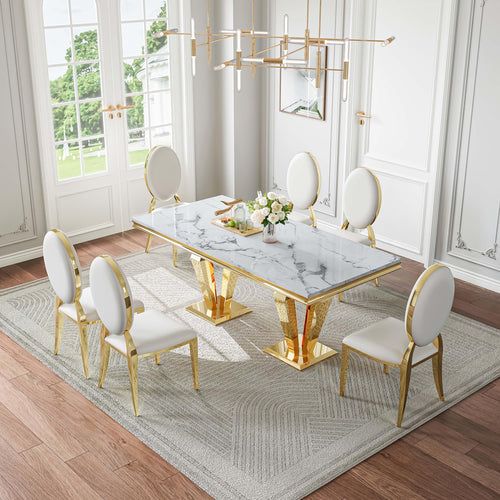DT023GMW 7-Piece MDF Dining Set + 6 White Leatherette Chairs (Gold)