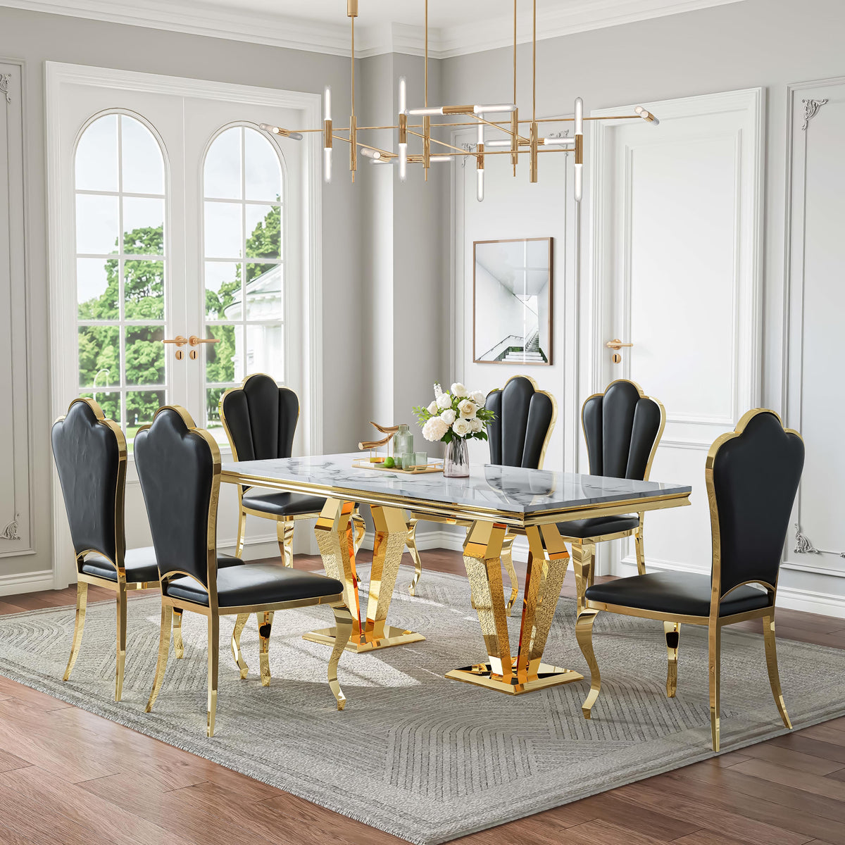 DT023GMW 7-Piece MDF Dining Set + 6 Black PU Chairs (Gold)
