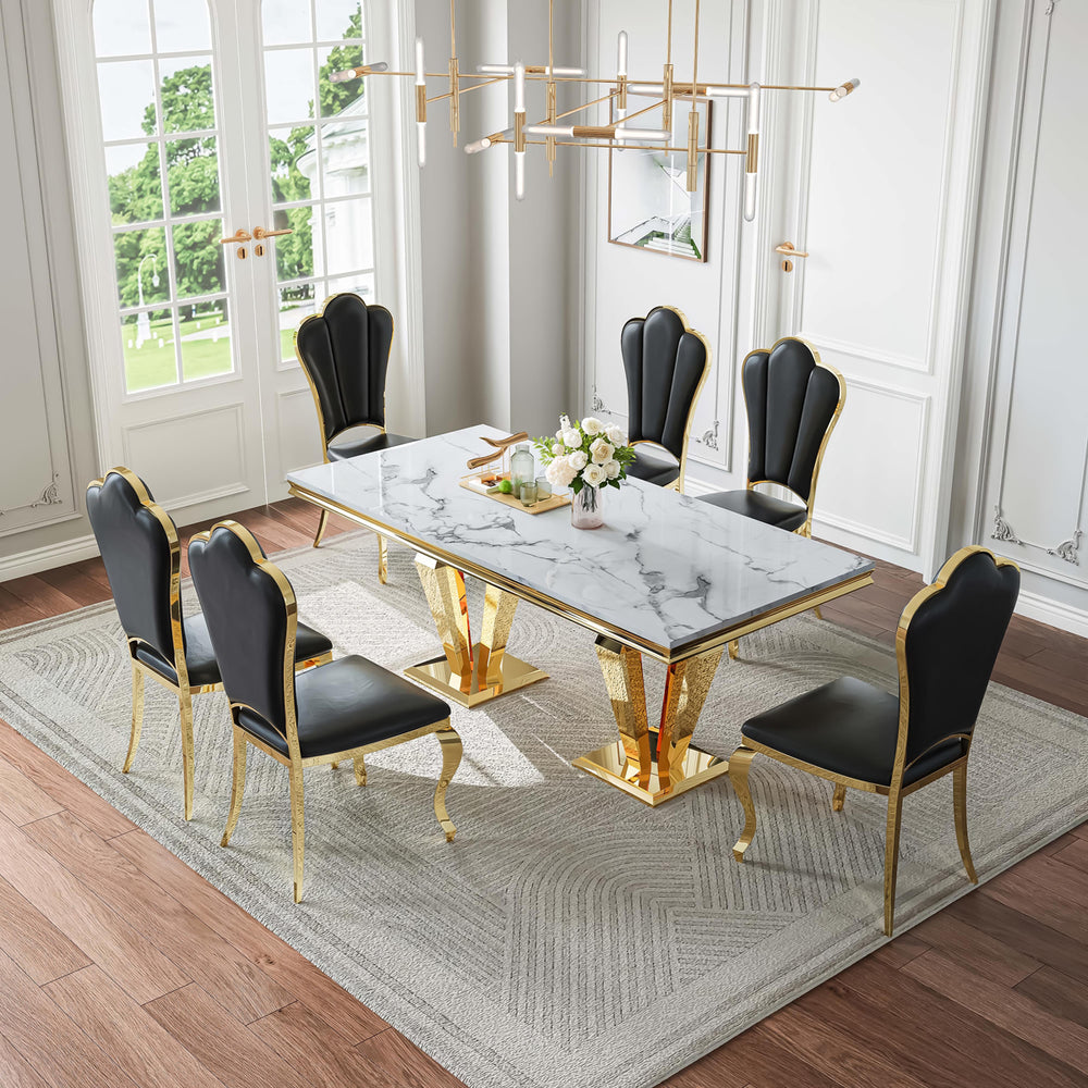 DT023GMW 7-Piece MDF Dining Set + 6 Black PU Chairs (Gold)
