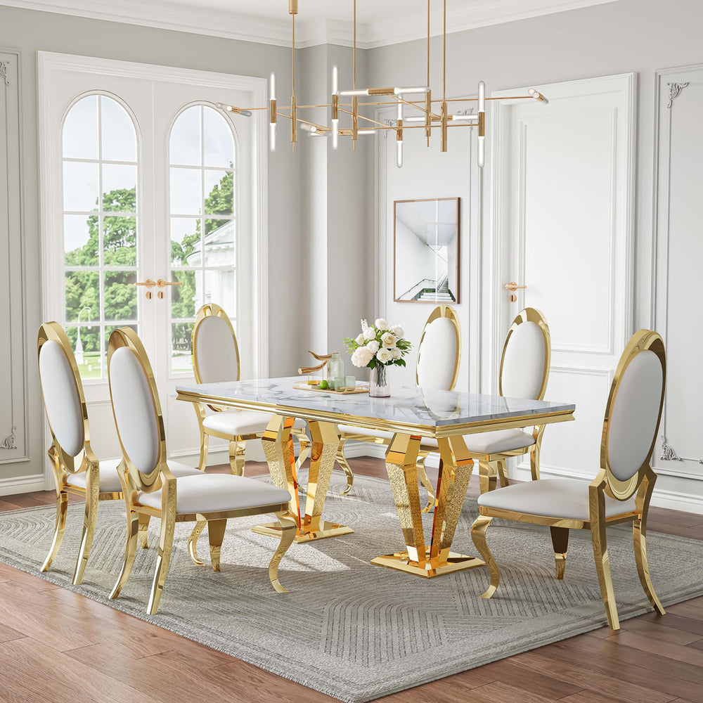 DT023GMW 7-Piece MDF Dining Set + 6 White PU Chairs (Gold)