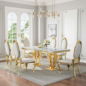 DT023GMW 7-Piece MDF Dining Set + 6 White PU Chairs (Gold)