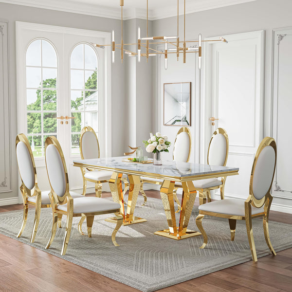 DT023GMW 7-Piece MDF Dining Set + 6 White PU Chairs (Gold)