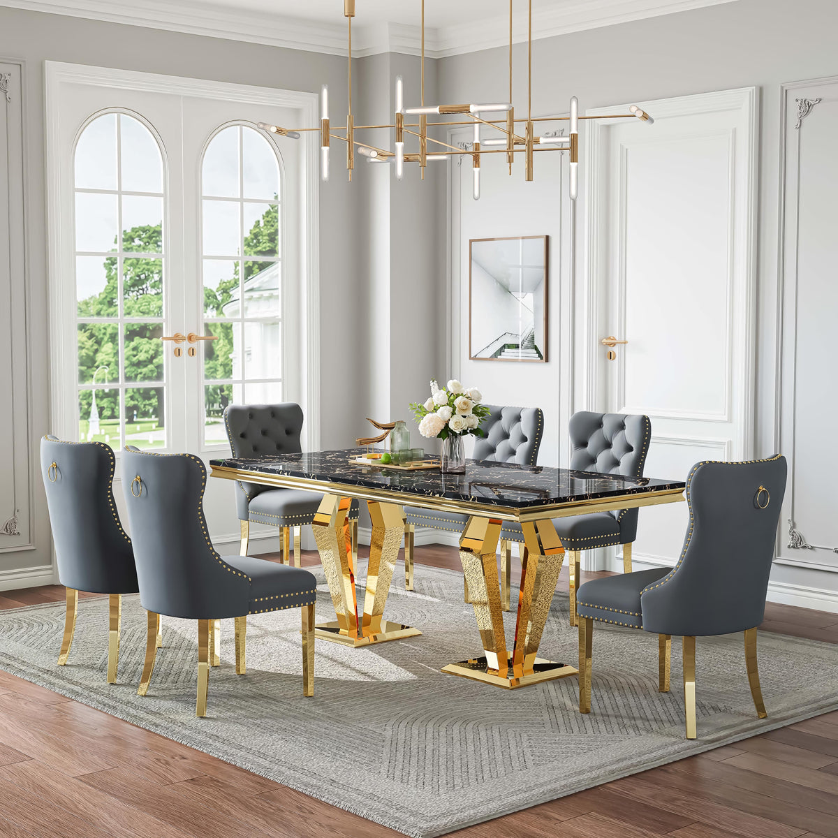 DT023GMB 7-Piece MDF Dining Set + 6 Grey Velvet Chairs (Gold)