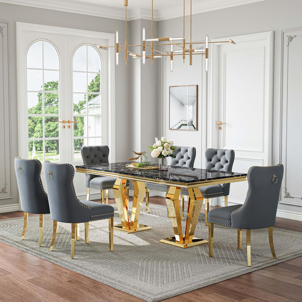 DT023GMB 7-Piece MDF Dining Set + 6 Grey Velvet Chairs (Gold)