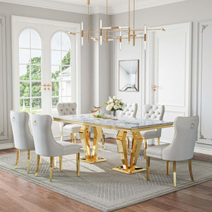 DT023GMW 7-Piece MDF Dining Set + 6 White Velvet Chairs (Gold)