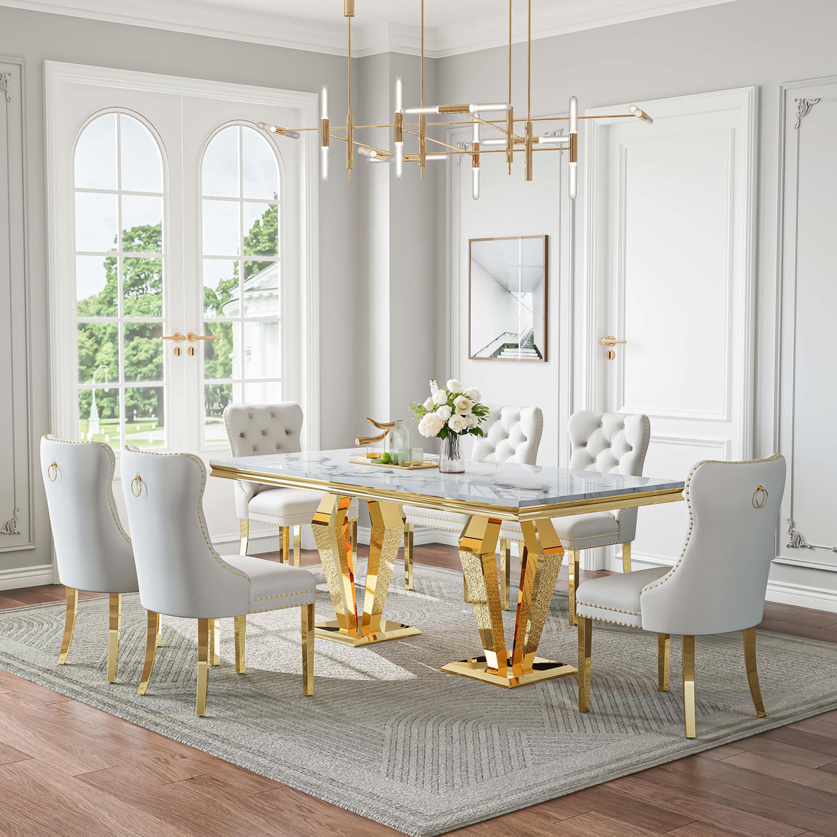 DT023GMW 7-Piece MDF Dining Set + 6 White Velvet Chairs (Gold)