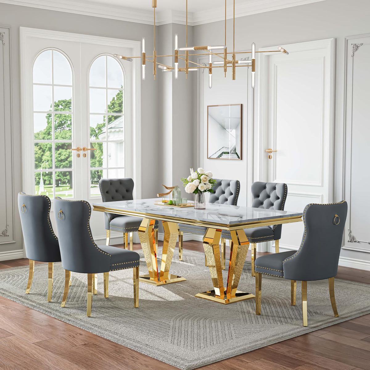 DT023GMW 7-Piece MDF Dining Set + 6 Grey Velvet Chairs (Gold)