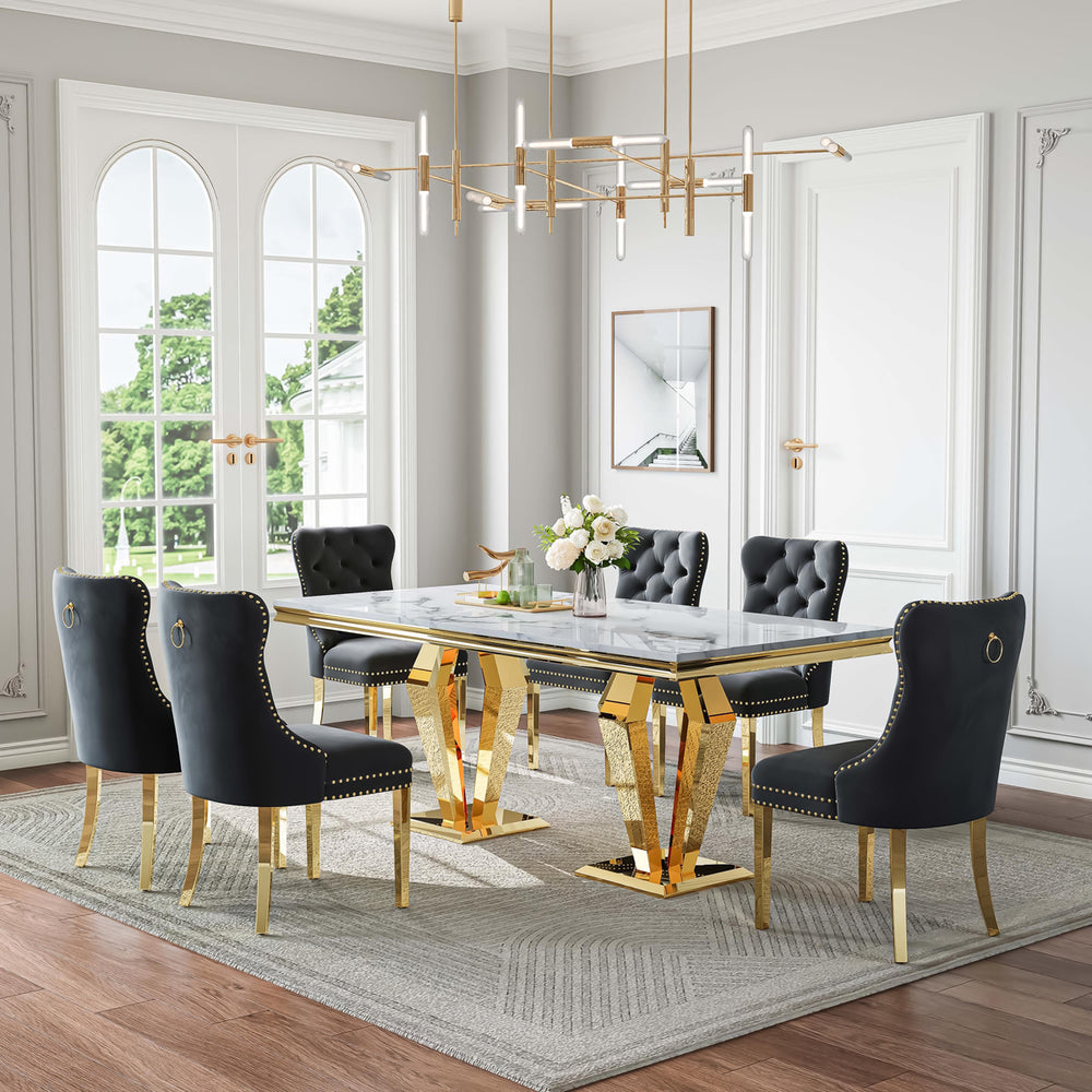 DT023GMW 7-Piece MDF Dining Set + 6 Black Velvet Chairs (Gold)