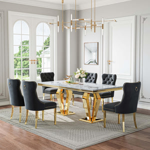 DT023GMW 7-Piece MDF Dining Set + 6 Black Velvet Chairs (Gold)