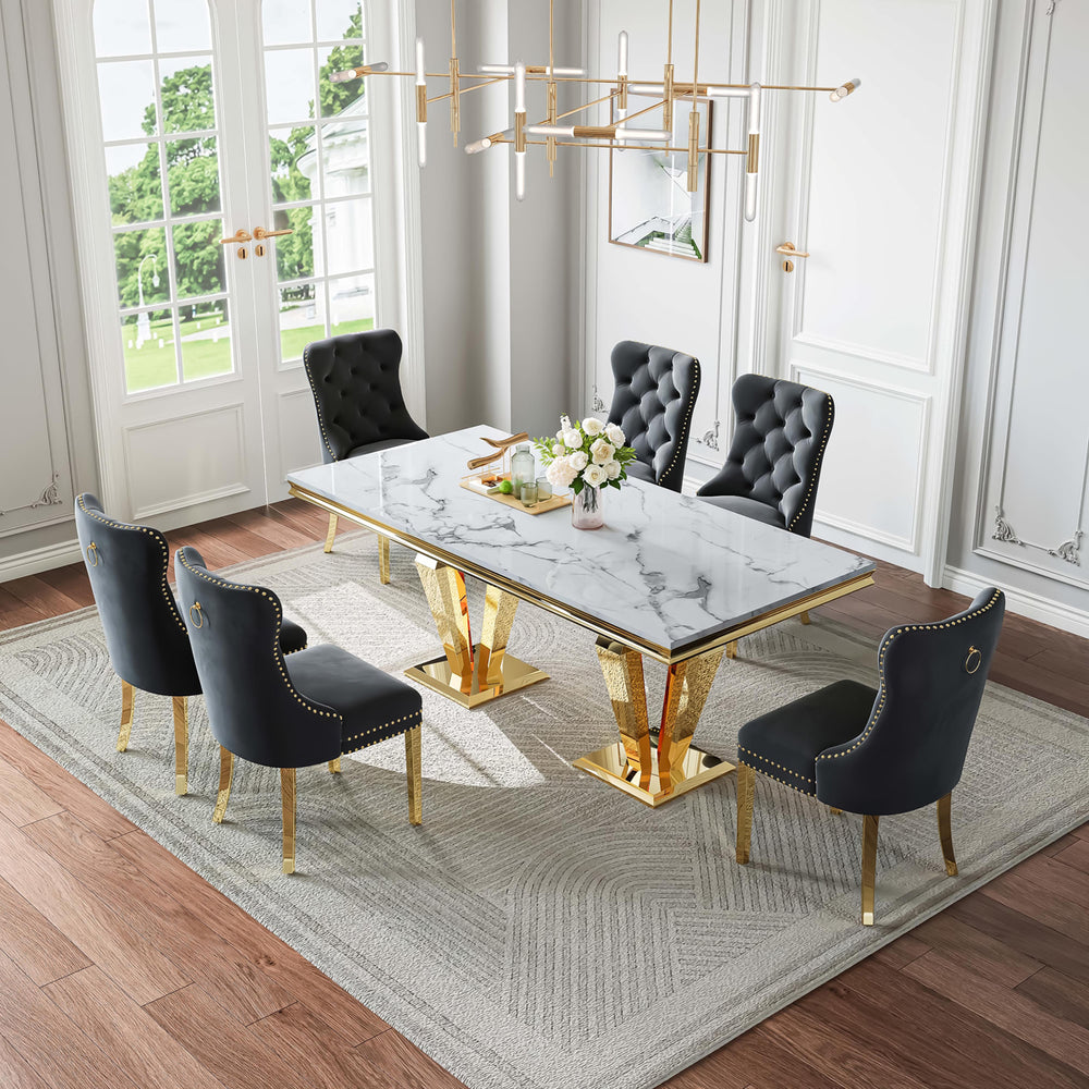 DT023GMW 7-Piece MDF Dining Set + 6 Black Velvet Chairs (Gold)