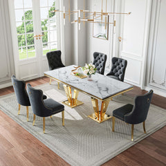 DT023GMW 7-Piece MDF Dining Set + 6 Black Velvet Chairs (Gold)