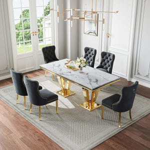 DT023GMW 7-Piece MDF Dining Set + 6 Black Velvet Chairs (Gold)