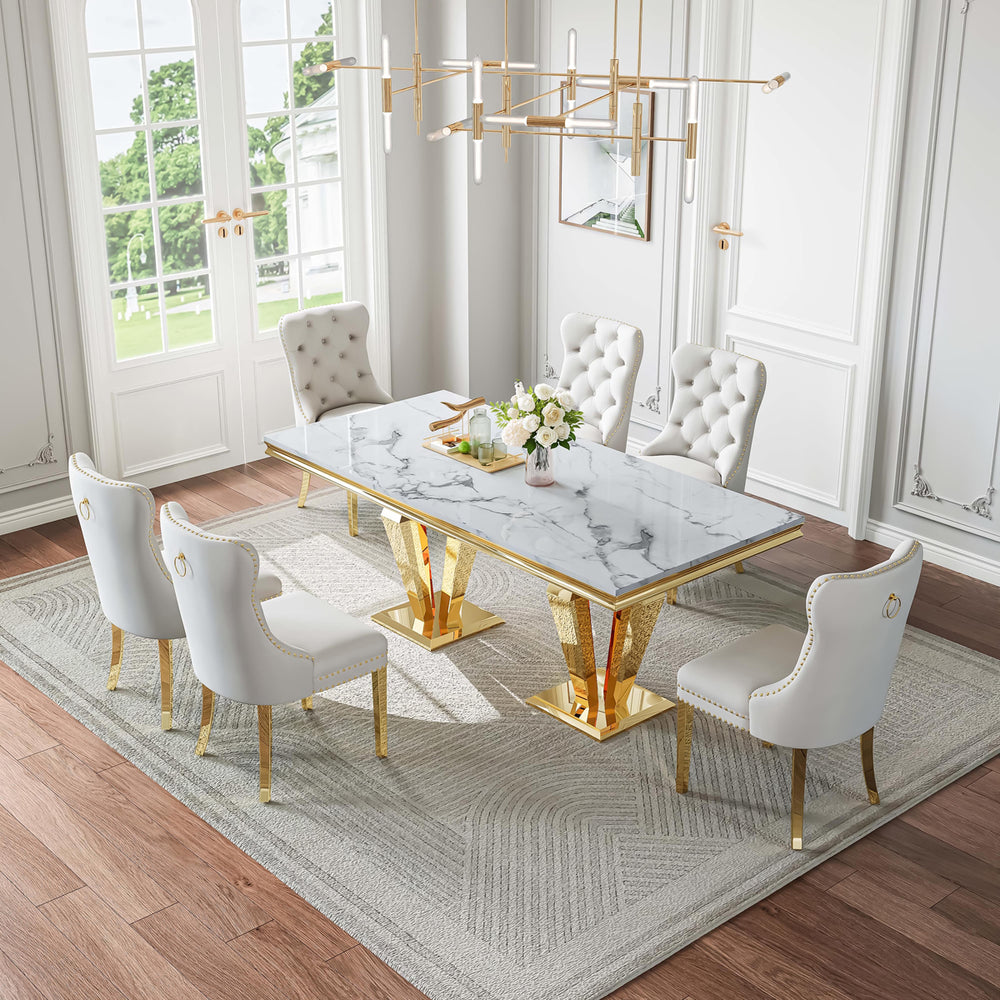 DT023GMW 7-Piece MDF Dining Set + 6 White Velvet Chairs (Gold)