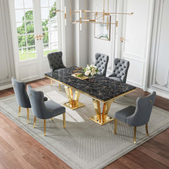 DT023GMB 7-Piece MDF Dining Set + 6 Grey Velvet Chairs (Gold)