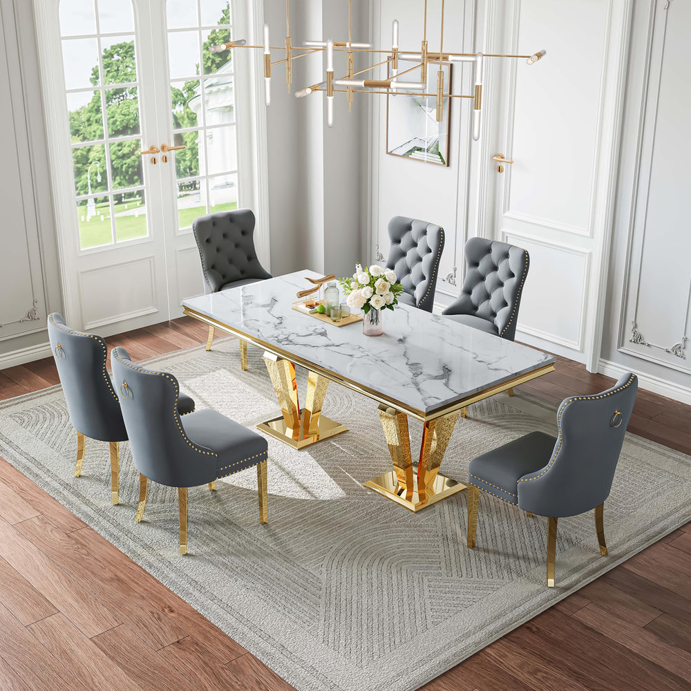 DT023GMW 7-Piece MDF Dining Set + 6 Grey Velvet Chairs (Gold)